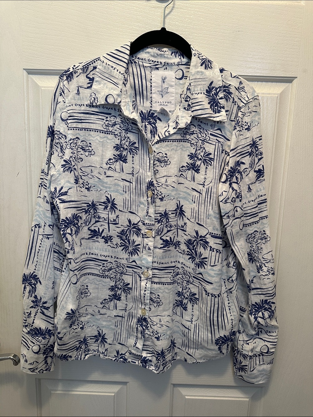 Calypso St. Barth Linen Blend White and Blue Tropical Button-Down Shirt Size M